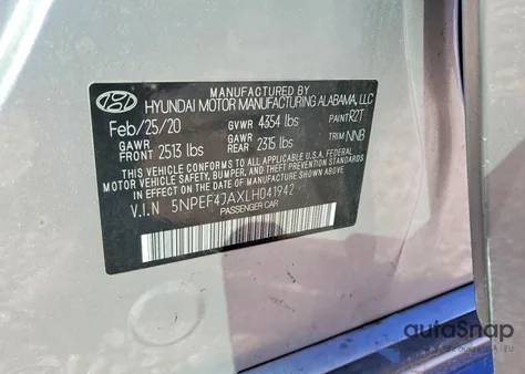 2020 Hyundai Sonata Sel z USA, uszkodzony, nr VIN 5NPEF4JAXLH041942